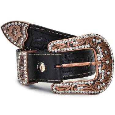 Imagem de Cinto em Couro Feminino Estiloso Moda Country Estampado Fivela Ajustáv