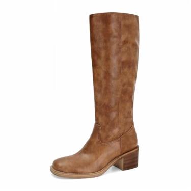 Imagem de DOEYG Botas femininas de cano alto banana bico quadrado salto grosso botas altas panturrilha larga moda confortável casual pull on botas longas, Marrom, 41