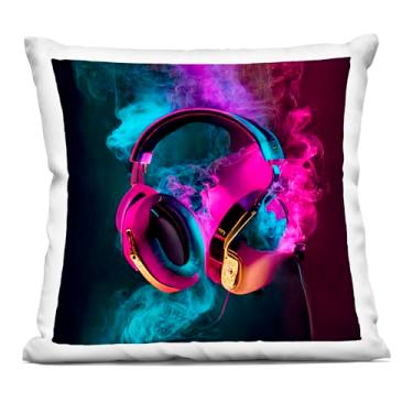 Imagem de Stupell Industries Power Play Almofada decorativa estampada para fones de ouvido rosa e azul, design por Sasha