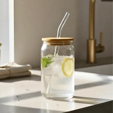 Imagem de Copo Lata Vidro Tampa Bambu Canudo 500ml Suco Detox Vitamina