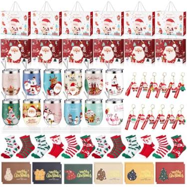 Imagem de Sieral 12 conjuntos de presentes de Natal a granel com copo de vinho de 340 g meias felpudas de Natal chaveiros cartões de felicitações e sacos de presente para mulheres homens colegas de trabalho