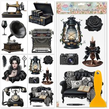 Imagem de GLOBLELAND 4 folhas Gothic Lady Furniture Transfers 15 x 30 cm máquina de costura retrô fonógrafo câmera esfregar na transferência UV adesivos autoadesivos arte de parede artesanato para quarto sala