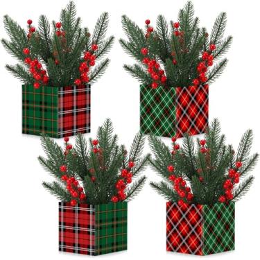Imagem de Zeyune Conjunto de 4 peças centrais de Natal para caixa de mesa, caixas de flores de Natal de 12 cm para mesa com ramos de pinheiro artificial e hastes de frutas vermelhas para festa de Natal, inverno