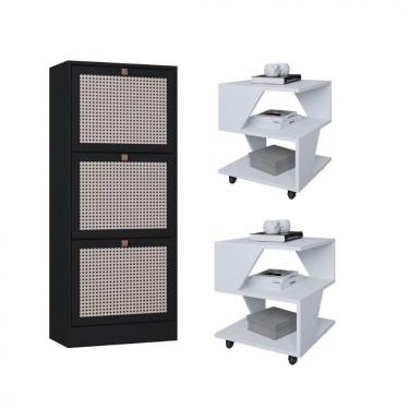 Imagem de Kit Sapateira Spin Tropical 3 Portas E 2 Mesas De Cabeceira Branco-preto