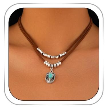 Imagem de Firuilo Colares ocidentais cowboy cowgirl acessórios frisado chapéu turquesa pingente colares em camadas vintage colares de couro para mulheres