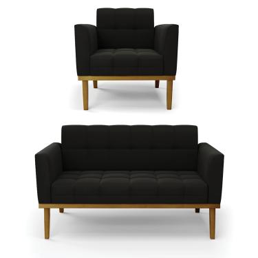 Imagem de Namoradeira com Poltrona Base de Madeira Castanho Elisa Suede Preto D03 - D'Rossi