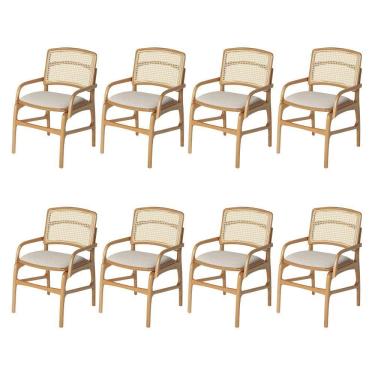 Imagem de Jogo 8 Cadeiras Para Jantar Florença Em Madeira Jequitibá Natural Braço Encosto Palha Linho Bege