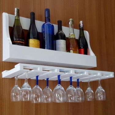 Imagem de Porta Taças E Prateleira Adega Para Vinhos Garrafas Bar Branco Laca