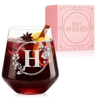 Imagem de Taça de vinho personalizada sem haste – Copos iniciais monogramas gravados personalizados, chá de panela, aniversário, casamento ou presente de noivado para mulheres Her-H