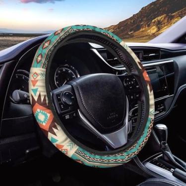 Imagem de Wanyint Southwest Aztec Bege Cyan Capa de volante automotiva para mulheres e homens, universal 38 cm macio elástico envoltório de volante antiderrapante fácil de instalar acessórios para carro