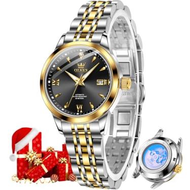 Imagem de OLEVS Relógio feminino automático, dourado, luxuoso, diamante, corda automática, à prova d'água, luminoso, data, L9956: Pulseira de dois tons e mostrador preto, Elegante