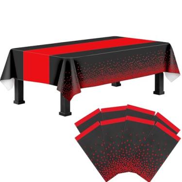 Imagem de Ammbeetty Toalha de mesa de plástico descartável, 8 pacotes de toalha de mesa de plástico preto e vermelho retangular para decoração de Natal, aposentadoria, aniversário, festa, 137 x 272 cm