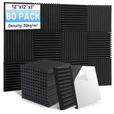 Imagem de Focusound Pacote com 80 painéis de espuma à prova de som, painéis de espuma acústica de 2,5 cm x 30,5 cm x 30,5 cm com painéis de cunha autoadesivos à prova de som de alta densidade para estúdio