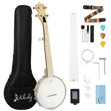 Imagem de Mulucky Banjo Mini 5 cordas Banjo – Kit iniciante fechado com costas sólidas de 71 cm com alça para afinador de palhetas – B805