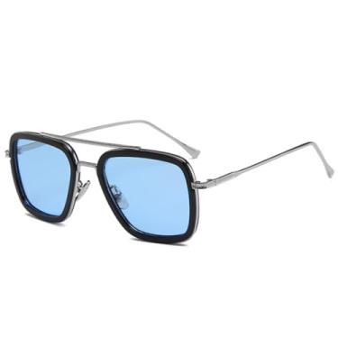 Imagem de JRLLFD Óculos de sol de armação de metal de luxo, feminino, masculino, vintage, para atividades ao ar livre, direção, pesca, UV400 (prata, azul)