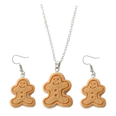 Imagem de QRH Conjunto de colar de brincos de homem de gengibre simulação 3D de Natal conjunto de colar de biscoito de gengibre conjunto de joias de Natal presentes, Resina, Sem Pedra Preciosa