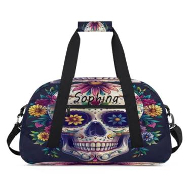 Imagem de Bolsa esportiva personalizada com flor psicodélica de esqueleto com nome, bolsa de dormir personalizada, bolsa de fim de semana, bolsa de treino para dança, balé, academia, ginástica, mala, viagem