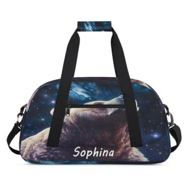 Imagem de Bolsa esportiva personalizada, animal, lobo, galáxia, universo com nome, bolsa de dormir personalizada, bolsa de fim de semana, bolsa de treino para dança, balé, academia, ginástica, mala, viagem