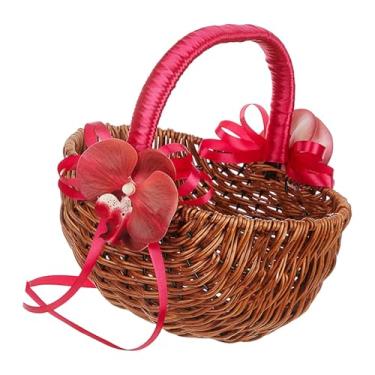 Imagem de Esquirla Cesta de daminha de honra em imitação de vime com alça, organizador, cesta de, recipiente para doces, decoração de festas e atividades ao, com Flor Vermelha Rosa