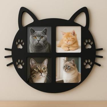 Imagem de Mural de Fotos para Gato em MDF Preto, 4 Espaços 10x15, Decoração Temática Pet com Patinhas, 45x45cm