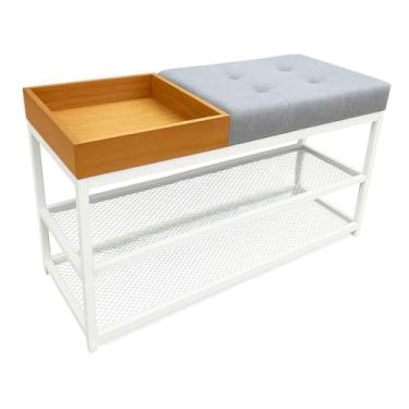 Imagem de SAPATEIRA ORGANIZADORA COM TELA 80CM ASSENTO ESTOFADO LUXO CAPITONE COM CAIXA APARADOR(Estrutura Branca/Assento Cinza)