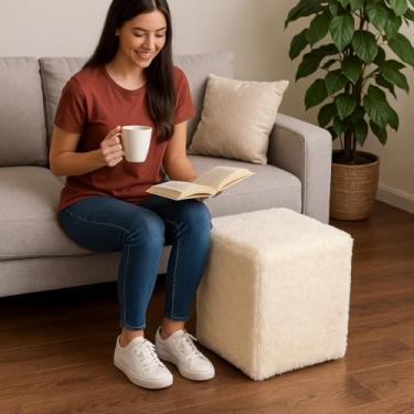 Imagem de Capa Puff Banquinho Quadrado Pelúcia Pelo Curto (CREME)