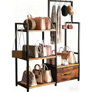 Imagem de CCYRYY Suporte de bolsa de metal de madeira e ferro com 3 camadas, 6 ganchos, organizador de chão com gaveta, suporte de bolsa de chão de grande capacidade para armário (marrom rústico)