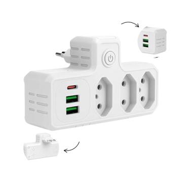 Imagem de Extensão Elétrica com 3 Tomadas, 2 Portas USB e 1 USB Tipo-C – Régua de Energia Compacta e Adaptador de Tomada para Casa, Escritório e Viagem (Branco)