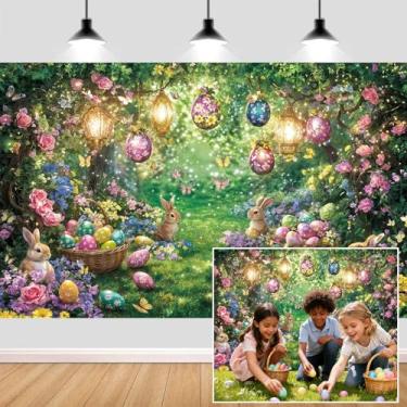 Imagem de Fundo de floresta encantada de Páscoa, lanternas de grama floral de primavera, coelho, ovos coloridos, decoração de parede, banner, decoração de festa mágica, jardim de fadas, cabine fotográfica, 18 x