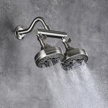 Imagem de HAMOLER Chuveiro duplo com válvula de desligamento e braço de chuveiro 2 conjuntos de chuveiros de alta pressão 7 funções conjunto combo de chuveiros de montagem na parede, níquel escovado