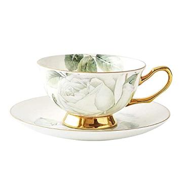 Imagem de uhyOHF Xícara de café xícara de chá da tarde de cerâmica copo de água copo de suco copo de leite casa escritório pendurado orelha caneca de café conjunto de pires (branco