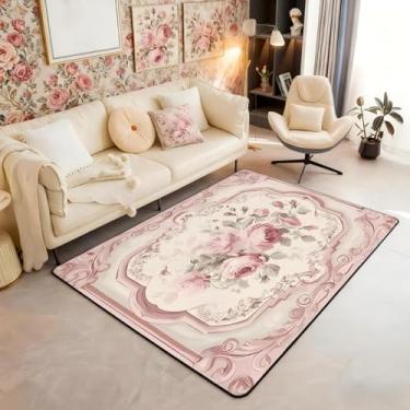 Imagem de Tapete de área floral country francês 7,5 x 12,5 cm rosa para sala de estar | Tapete lavável com flores românticas, tapete rústico para ambientes internos