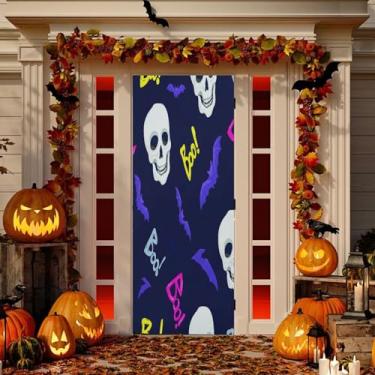 Imagem de Wassud Decoração de capa de porta de caveira de desenho animado banner interno varanda decoração de casa grande decoração de porta da frente 96 x 98 polegadas