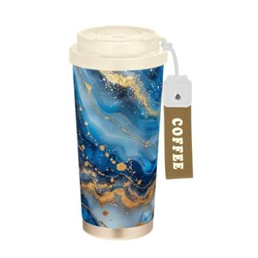 Imagem de YETTASBIN Caneca de café de mármore com isolamento térmico de 482 g com tampa canudo, copo à prova de derramamento e vazamento com alça para bebida quente e fria, garrafa de água de aço inoxidável