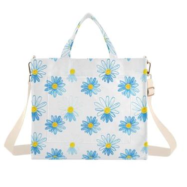 Imagem de Burbuja Sacola feminina azul e branca com margaridas de veludo cotelê, bolsa transversal para compras, trabalho, viagens, Margaridas azuis e brancas, Medium