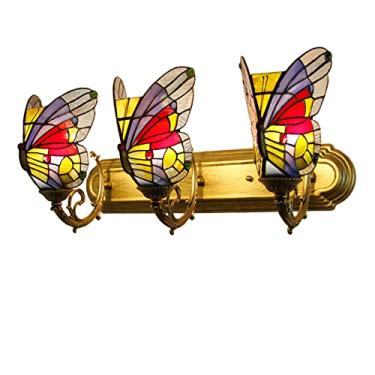 Imagem de Luminária de banheiro estilo Tiffany com 3 braços, aplique de parede em vitral com borboleta, estilo retrô europeu, para espelho frontal, ideal para banheiro, maquiagem e corredor, 61 cm x 3