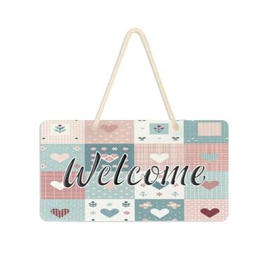 Imagem de Burbuja Placa de boas-vindas de retalhos de coração para porta da frente, placa de boas-vindas de PVC para decoração de férias, 15 x 28 cm
