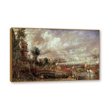 Imagem de Moldura de teca. Arte em tela romantismo estilo constable (paisagem 67), pintura de paisagem inglesa emoldurada, decoração de parede elegante para sala de estar escritório. 50 x 80 cm - 19,7 x 31,5