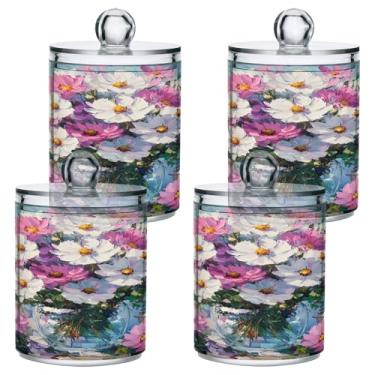 Imagem de STAYTOP 4 peças, lindo buquê de flores, dispensador Qtip, boticário, frascos de banheiro com etiquetas – Recipiente de armazenamento Qtip de plástico transparente para bola de algodão, cotonete, grão