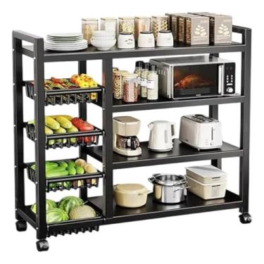 Imagem de Suporte de Micro-ondas com Fruteira de Chão, 4 Prateleiras, 4 Cestos, Aço Carbono, Preto Fosco, 80x32x125cm, com Rodízios