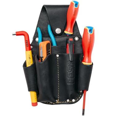 Imagem de FESA Bolsa de ferramentas de couro para eletricista – Bolsa de ferramentas com clipe e bolso para medidor de tensão e 5 outros compartimentos – Fácil de colocar e tirar – Cabe em cintos de até 7,6 cm