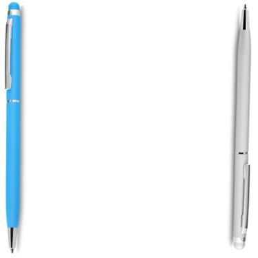 Imagem de Caneta Esferográfica Touch Screen Metálica, Corpo Emborrachado, Escrita Azul, Ponta Fina 0.7mm, Design Moderno, para Escritório, 14.5cm (Azul Claro e Prata)