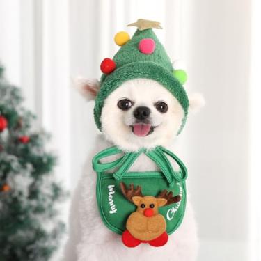 Imagem de Adorável chapéu de pompom de árvore de Natal para cães, bandanas de cachorro de Natal para Papai Noel, chapéus de Papai Noel tricotados ajustáveis para festa de férias em casa (verde, grande)