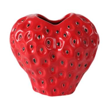 Imagem de Fenteer Vaso de cerâmica em formato de morango para flores secas, moderno e decorativo, perfeito para casa, mesa de centro ou como presente de boas-vindas, Red S