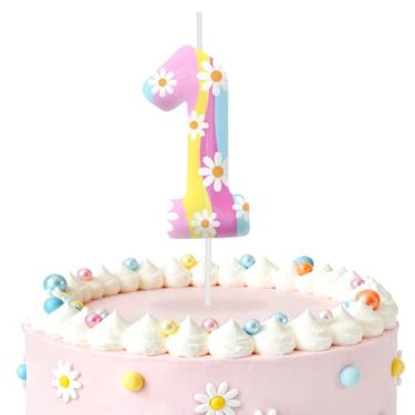Imagem de Velas de aniversário número 1, enfeite de bolo de margarida para decoração de aniversário, vela temática de margarida para decoração de bolo para meninos e meninas, suprimentos de decoração de festa