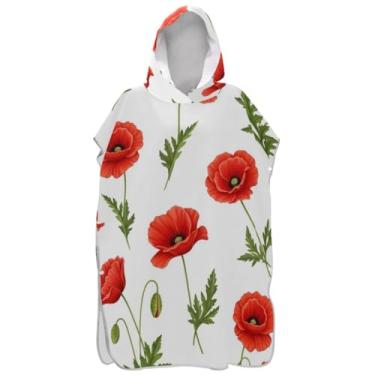 Imagem de Joisal Roupão para adultos, poncho de surfe, praia, moletom com capuz, toalha de natação, plus size, ponchos femininos com capuz, flores vermelhas brancas