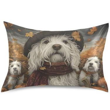 Imagem de Capas de almofada de cetim outono pastor inglês outono arte fofa almofada refrescante king queen capa de travesseiro padrão para cama de casa sofá, tamanho Queen, 76 cm x 50 cm