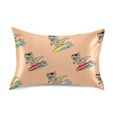 Imagem de Capas de almofadas padrão King Queen desenho animado dinossauro prancha de surfe animal fronhas de cetim impressão de arte fofa fronhas macias refrescantes cama king size 101,6 cm x 50,8 cm