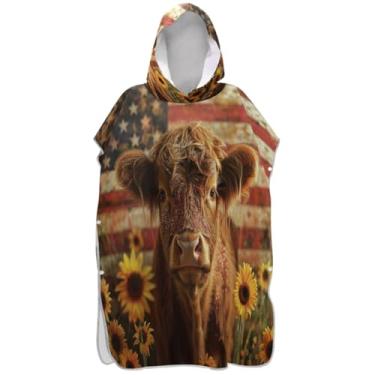 Imagem de Joisal Poncho de surfe vestível trocador roupão adulto praia com capuz toalha de banho vaca highland girassóis bandeira dos EUA ponchos femininos com capuz