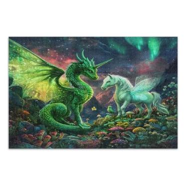 Imagem de Quebra-cabeças engraçados de dragão verde e unicórnio para adultos, 1000 peças, jogos de quebra-cabeça para adultos com letras nas costas